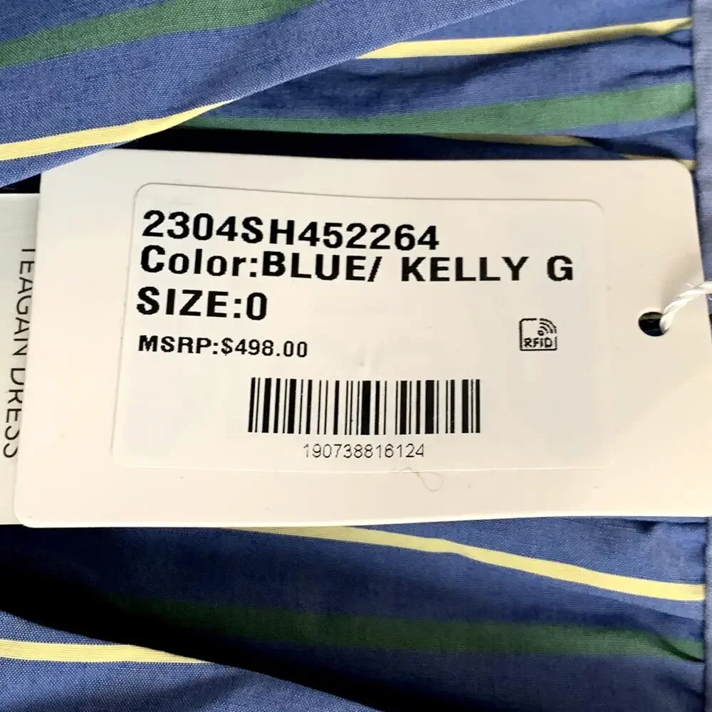 NWT Veronica Beard Teagan Stripe Ruched V-Neck Midi Dress in Blue/Kelly Green - Picture 13 of 15